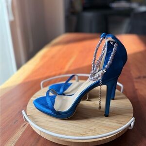 Sapphire Blue Beaded Ankle Strap Stilleto Size 8